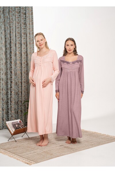 BLACKMORE Plum Lace Cotton Battal (Plus Size) Long Sleeve Melissa Nightgown