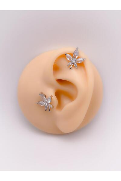 Trinos Cerrrahi Çelik Piercing ( Pirsing ) Zirkon X Yaprağı Figürlü Tragus He...