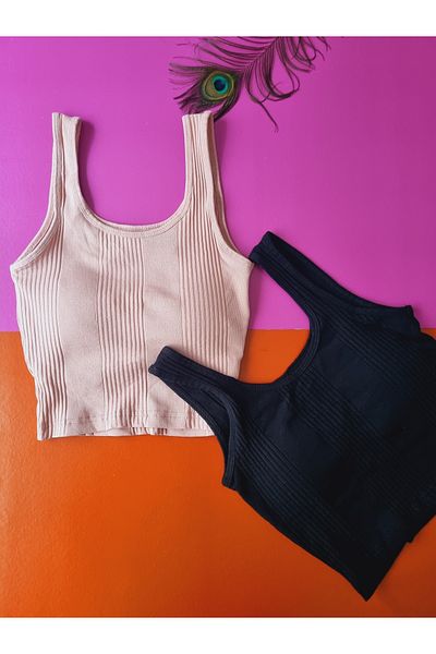 Demirsa Boutique Camisole Fabric Oval Neck 2-Piece Powder and Black Women's Fixed Pad Crop Blouse Singlet