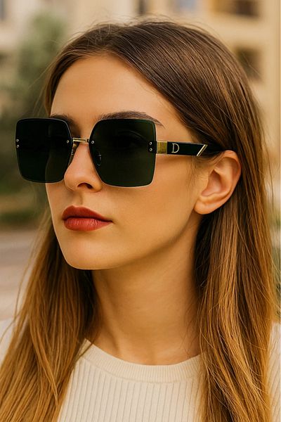 LAALUNA Oversized Rimless Square Sunglasses with Green Lenses and Gold Detailing