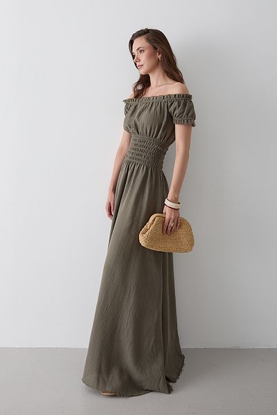 Laluvia Olive Gathered Dress