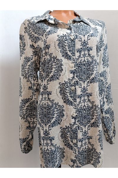 AKŞEN GİYİM Large Size 100% Cotton Viscose Ethnic Pattern Long Sleeve Shirt in 80 cm Length