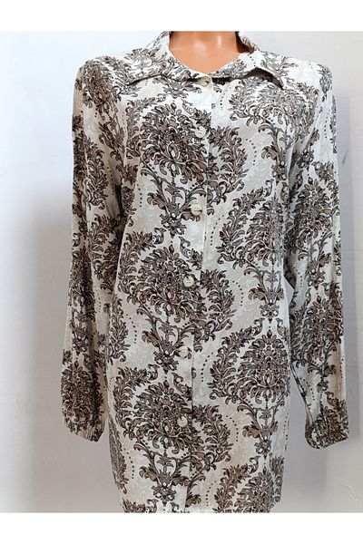AKŞEN GİYİM Large Size 100% Cotton Viscose Ethnic Pattern Long Sleeve Shirt in 80 cm Length