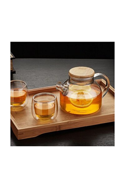 LUİ HOME 1000 ml - 1 L Bambu Kapaklı Isıya Dayanıklı Cam Bitki Çayı Demliği C...