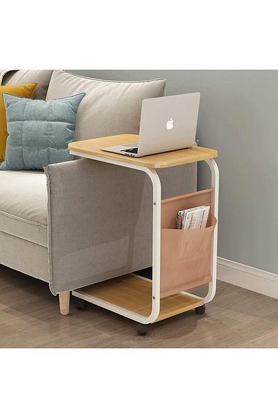 Türkiye Rolling Side Table C Shaped End Table, Heavy Duty Mobile Table with Side Pocket and Wheels Over Bed