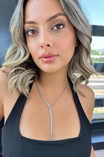 TAKIŞTIR Silver Color Stone Detailed Steel Y Necklace