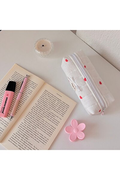 PİNKUE حامل أقلام من القماش على شكل قلب صغير أبيض / مقلمة على شكل قلوب صغيرة