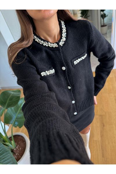 NATUFIAN STORE Women's Stoned Pocket Detailed Crew Neck Soft Cardigan