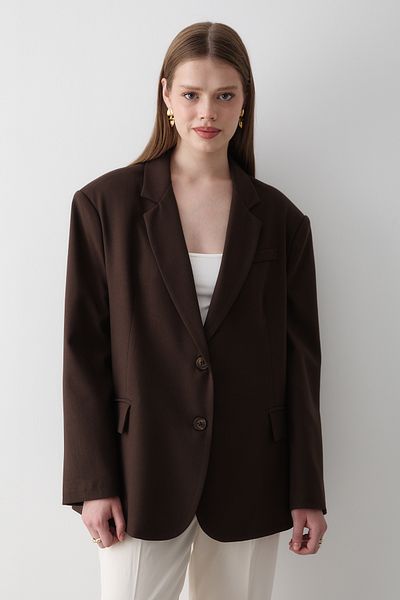 JASTE Women's Bitter Brown Button Detailed Oversize Blazer Jacket