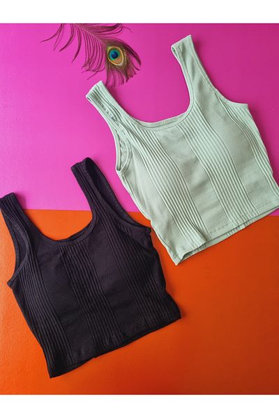 Demirsa Boutique Camisole Fabric Oval Neck 2-Piece Green, Black Women's Fixed Pad Crop Blouse Tank Top