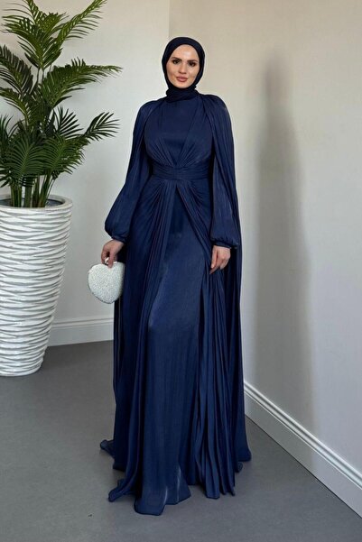 MERVEN AKYÜZ Candy Pelerinli Drapeli Jan Jan Abiye Lacivert