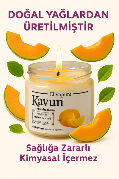 decomum Kavun Aromalı Kokulu Mum El Yapımı Dekoratif Cam Kavanozda Mum 230gr.