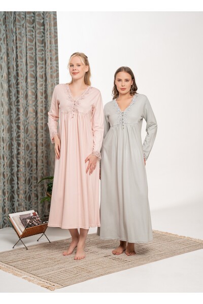 BLACKMORE Powder Sleeve and Collar Lace Cotton Battal (Plus Size) Long Sleeve Nightgown