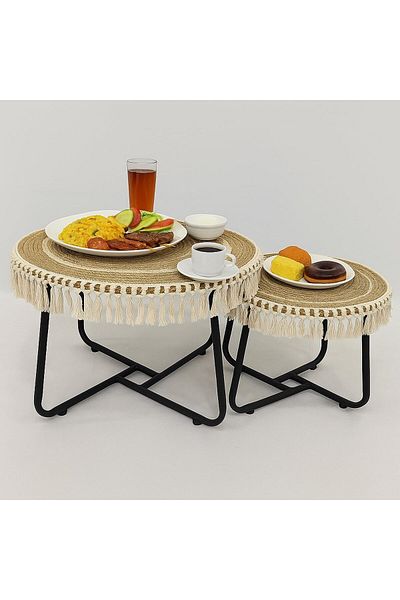 genric FFD Set of 2 Jute Nesting Tables with Metal Frame – Boho Chic Coffee Tables, Natural Jute Top