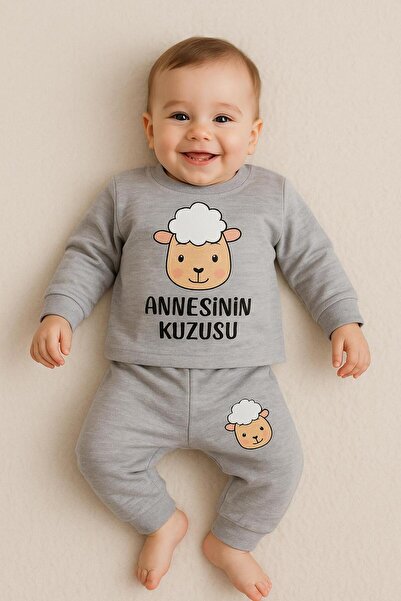 nevrankids Bebek Kuzucuk Baskılı İkili Takım - Annesinin Kuzusu - Gri