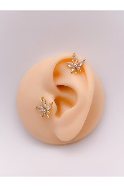 Trinos Cerrrahi Çelik Piercing ( Pirsing ) Zirkon X Yaprağı Figürlü Tragus He...