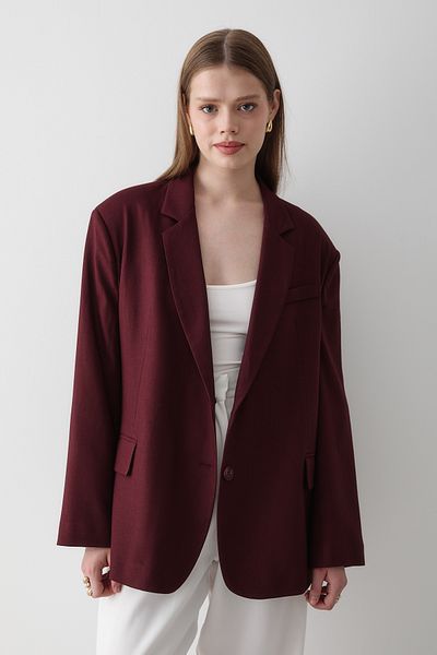 JASTE Women's Burgundy Button Detailed Oversize Blazer Jacket
