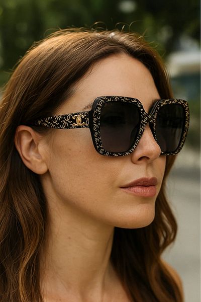LAALUNA Oversized Black Square Sunglasses with Patterned Frame and Dark Lenses