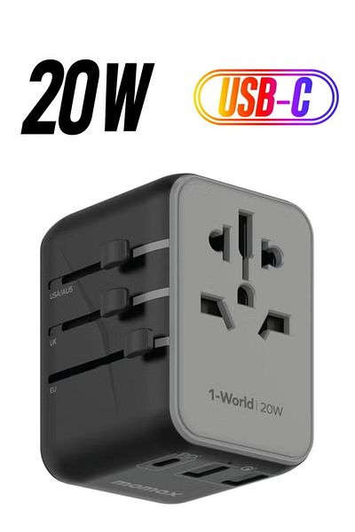 Momax UA11 1-World 20W 3 Ports + AC Travel Adapter Multi Volt 100-250V USB-C / USB-A - Black