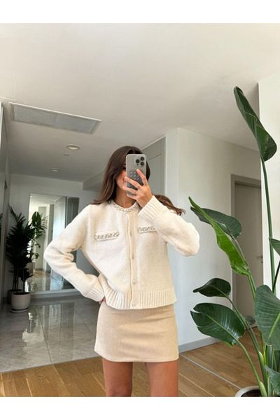 NATUFIAN STORE Women's Ecru Stone Pocket Detailed Crew Neck Soft Cardigan