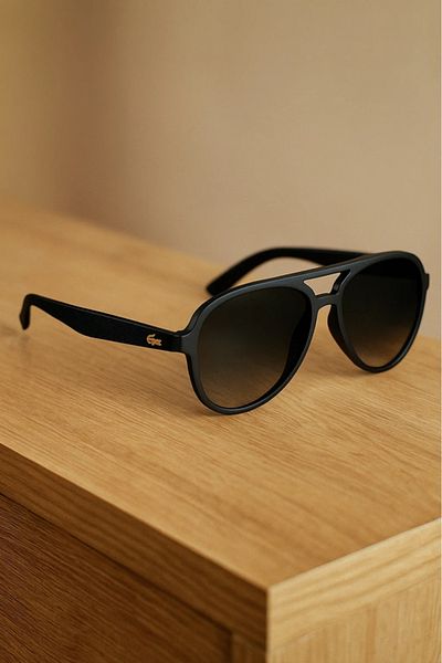 LAALUNA Matte Black Aviator-Style Sunglasses with Textured Temples