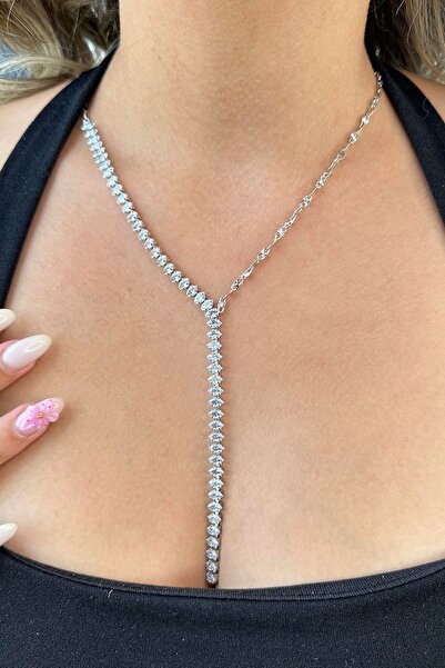 TAKIŞTIR Silver Color Stone Detailed Steel Y Necklace