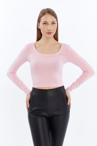 Pawle Women's Pink Pool Neck Long Sleeve Crop Blouse