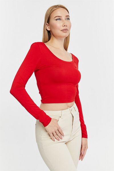 Pawle Women's Red Pool Collar Long Sleeve Crop Blouse