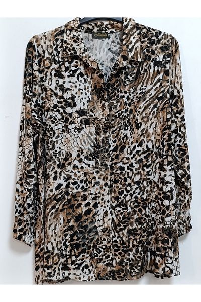 AKŞEN GİYİM Large Size 100% Cotton Viscose Leopard Pattern Long Sleeve Shirt with 80 cm Length