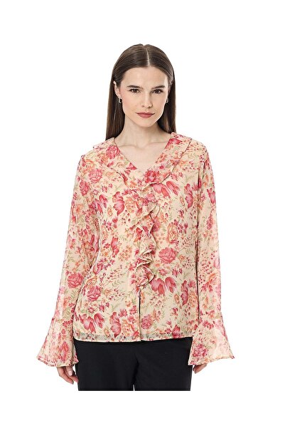 R&B Floral Print Top with V-Neck and Flounce Sleeves