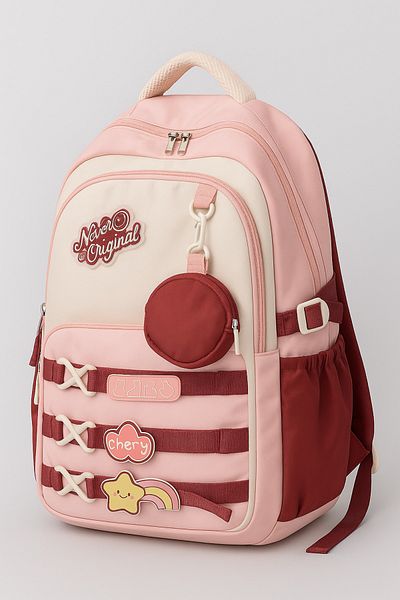 max point Pink Cream Red Colored School and Daily Backpack with Laptop Compartment Four Compartments Waterproof Double