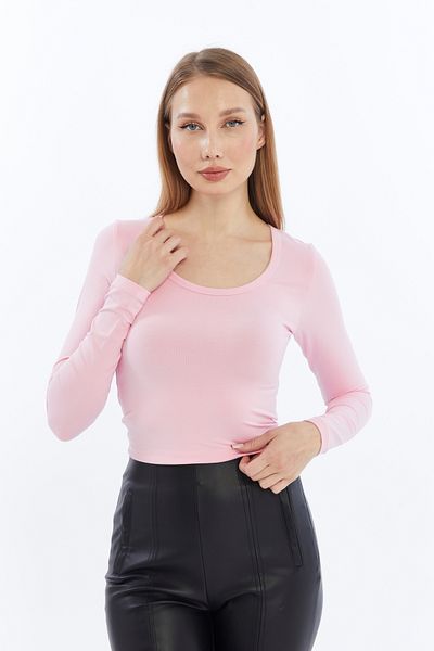 Pawle Women's Pink Crew Neck Long Sleeve Crop Blouse