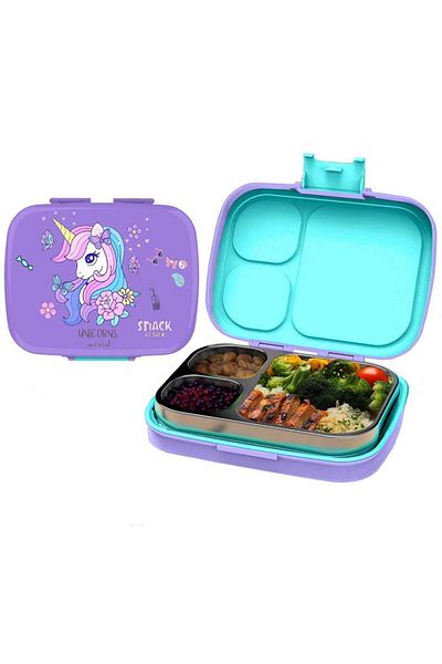 Snack Attack Kids Bento Lunch Box with Spoon & Fork – Leakproof 3-Compartment Stainless Steel Lunchbox for Girl