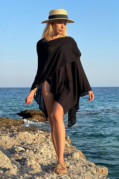 CHUBA Women's Asymmetric Cut, Flowing, Viscose, Knitwear Cape and Shawl Black 25S3030