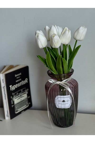 BUCOLIC Elegance Striped Glass Vase Sunset & Wet Tulip Bouquet