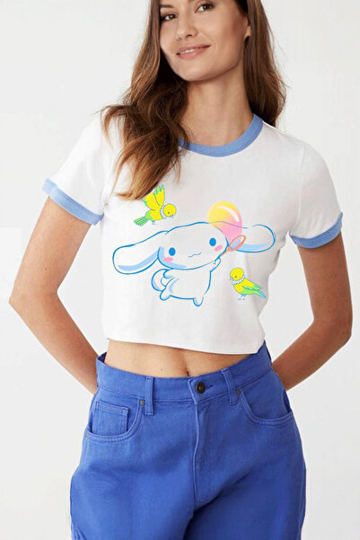 Beyaz Anime Sanrio : Cinnamoroll Bird Friends Kısa Kollu Crop