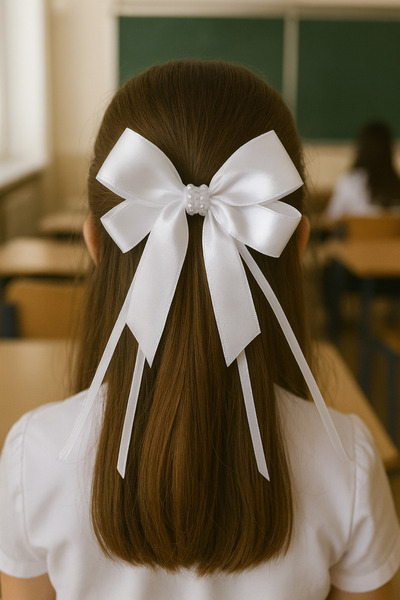 Pretty Kız Çocuk Beyaz Dantelli / Saten Büyük Saç Fiyonk Toka – Okul & Özel G...