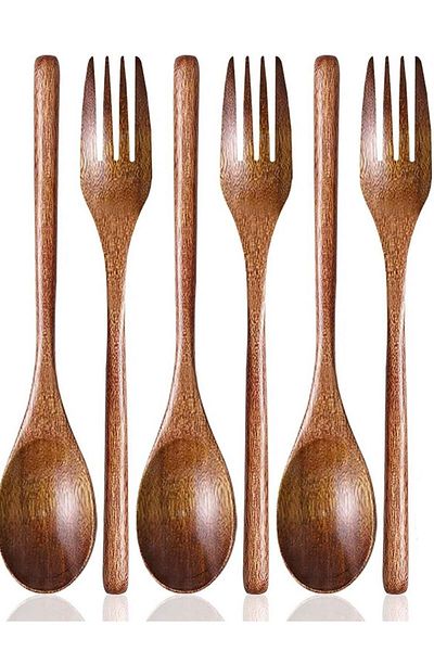 ELEGANT HOME Set of 6 Wooden Soup Spoons and Forks for Parties and Daily Use