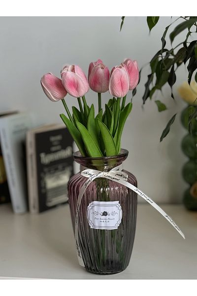 BUCOLIC Elegance Striped Glass Vase Sunset & Wet Tulip Bouquet