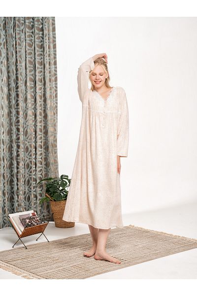 BLACKMORE Beige Jacquard Pattern Lace Embroidered Cotton Battal (Plus Size) Long Sleeve Nightgown