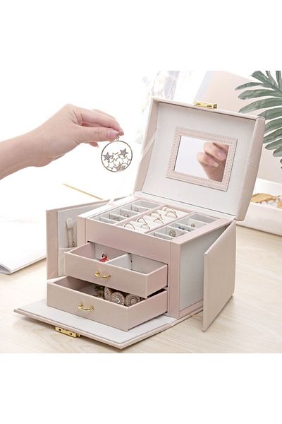 gaman Jewelry Carry Case - Table Top Jewelry Box 3 Drawers Cream Patterned Pu Leather with Key