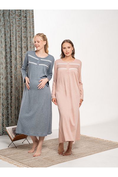 BLACKMORE Gray Melange Lace Detailed Cotton Oversized (Plus Size) Long Sleeve Nightdress