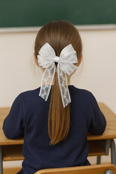 Pretty Kız Çocuk Beyaz Dantelli / Saten Büyük Saç Fiyonk Toka – Okul & Özel G...