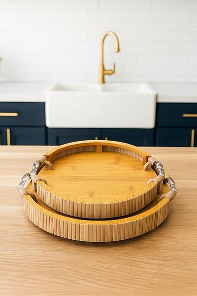 MOSTAFA Set of 2 round wooden serving trays with transparent handle