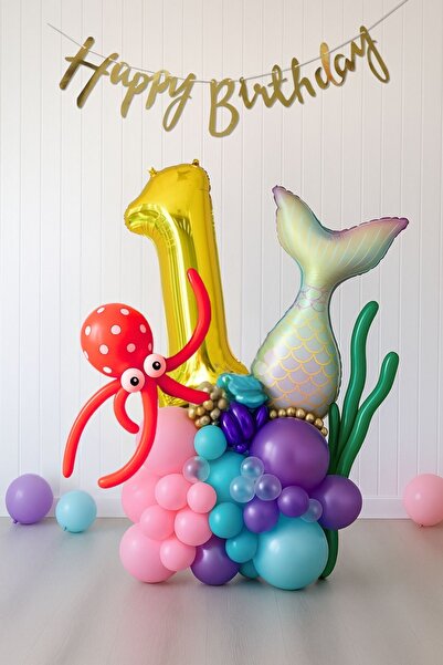 PARTİAVM 1 Year Old Girl's Birthday Mermaid Balloon Bouquet Mermaid Theme Gold Number Balloon Chain Concept