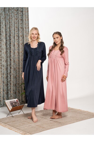 BLACKMORE Navy Blue Lace Sectioned Cotton Oversized (Large Size) Long Sleeve Nightgown
