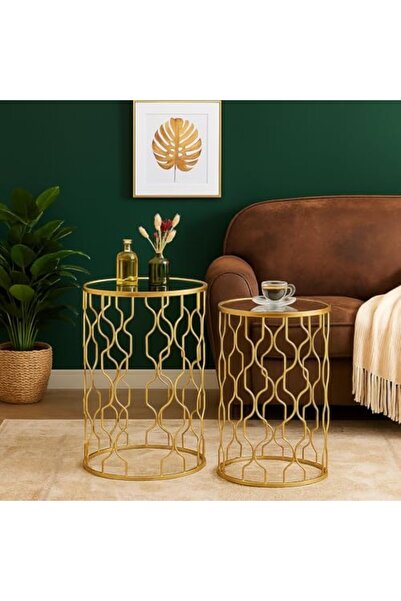 genric FFD Reflective Nested Side Tables (Set of 2) - Golden Metal Frame Coffee Tables