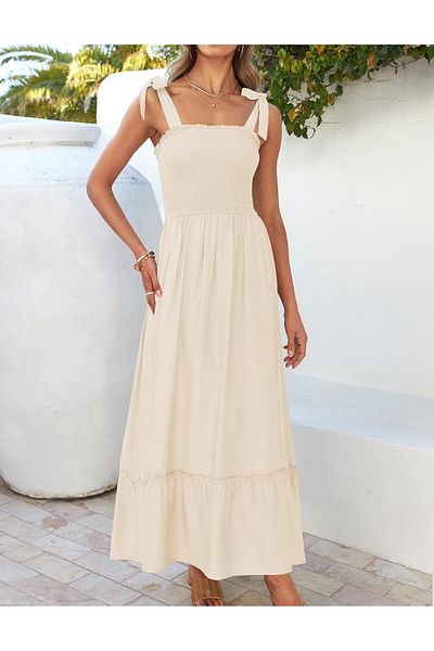 ZESICA Women's 2025 Summer Boho Spaghetti Strap Square Neck Solid Color Ruffle A Line Beach Long Dress -L