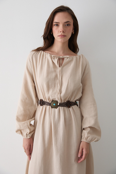 Laluvia Natural Binding Detailed Muslin Dress - 2003