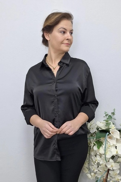 Mia Butik قميص نسائي من الساتان الأسود